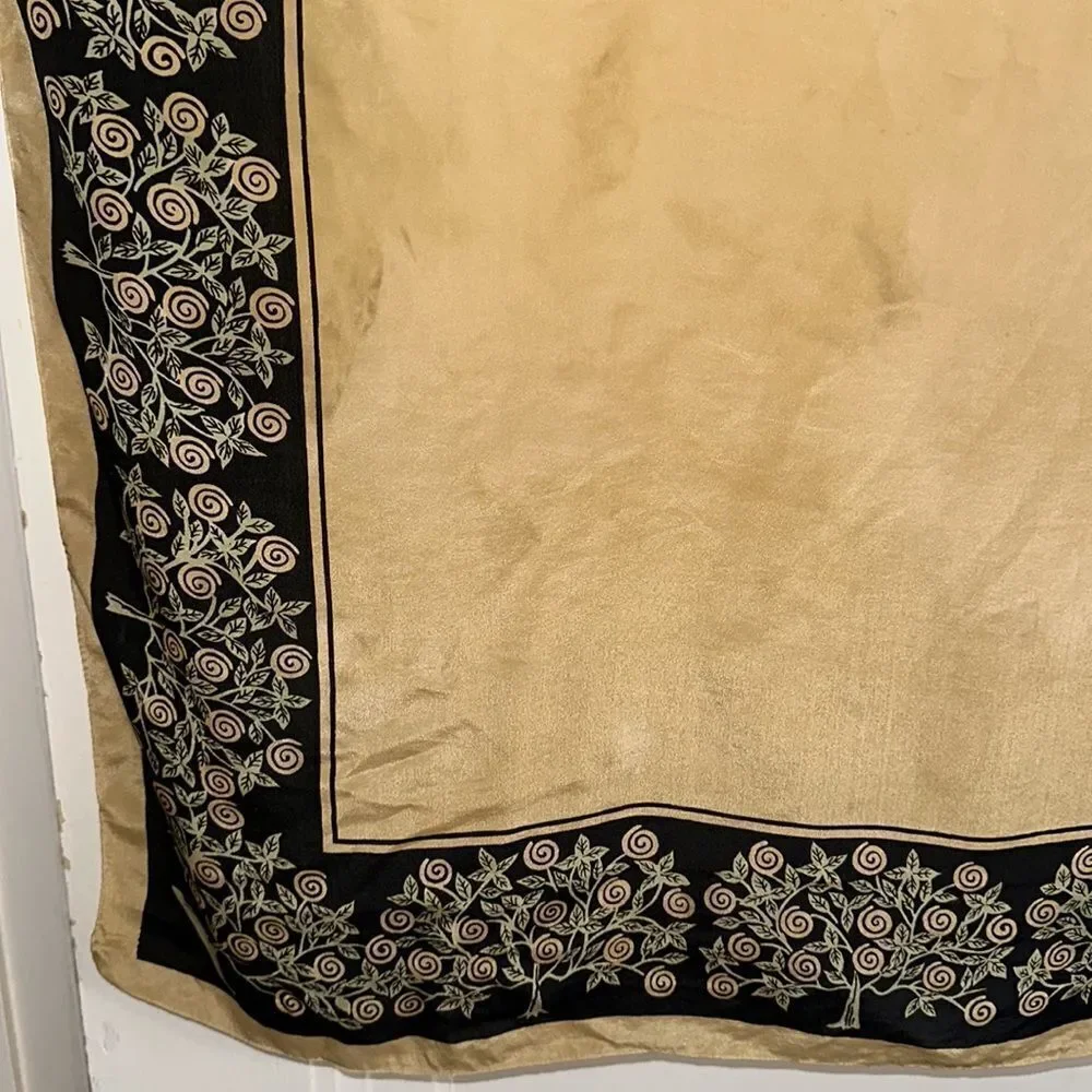 Vtg 50s/60s Cravenette gold,‎ black, green large silk water repellent silk scarf